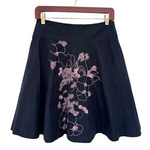 Y2K Black Floral Embroidered Skirt Pink Sequins A-Line Cotton Teacher Workwear